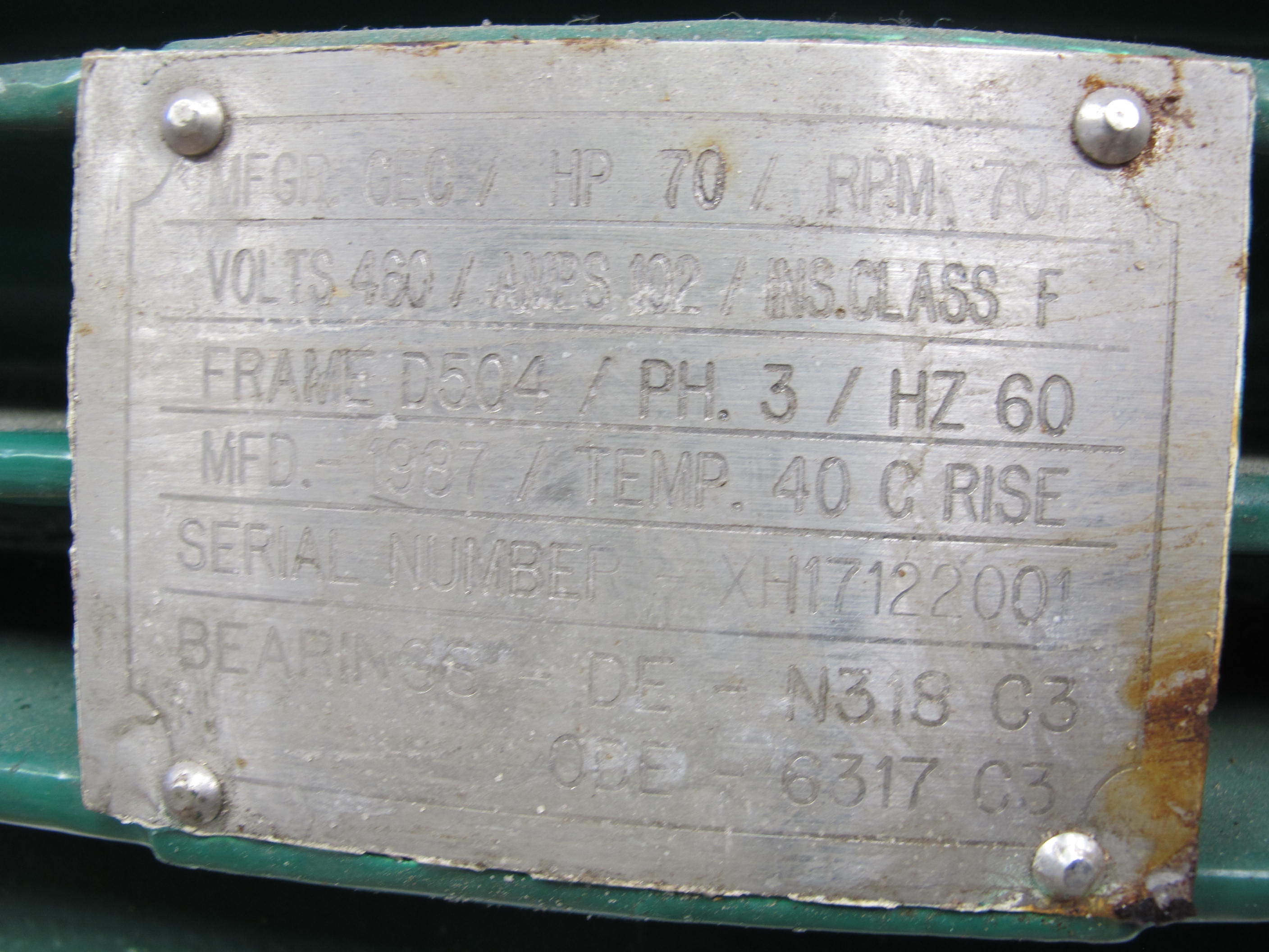 MOTOR, ELECTRIC TYPE, 70 HORSEPOWER, 460VAC, 3 PHASE, 60HZ ELEC RATING, 707 RPM, D504 FRAME, 102 AMPS. ORIGINAL MOTOR FOR MAIN AND STANDBY HYDROGENSEAL OIL PUMPS. ENGLISH ELECTRIC DRAWING NUMBER C6151149970043(D504) (W-44) LOADING & HANDLING FEE $15-